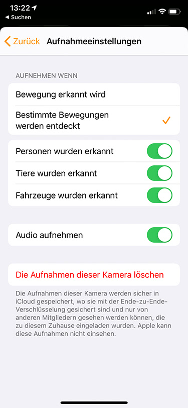 HomeKit Secure Video: Einstellungen