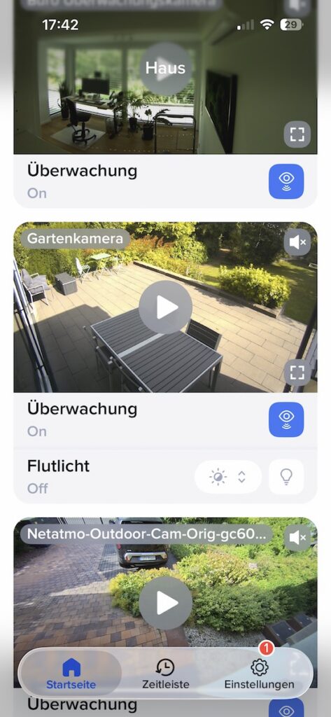 Screenshot der Netatmo-App mit Livebild der Gartenkamera und Flutlicht-Steuerung