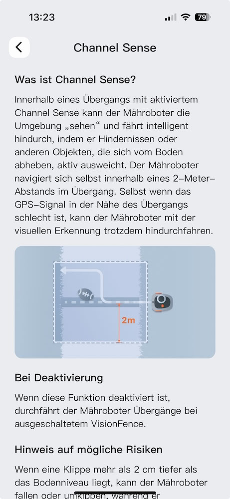 Screenshot der Navimow App: Channel Sense