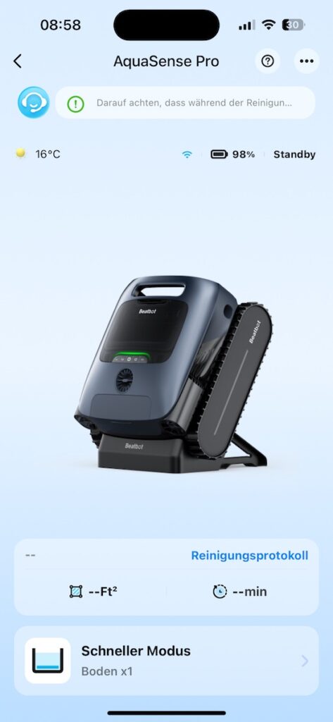 Screenshot der App des Poolroboters Beatbot AquaSense Pro: Homescreen