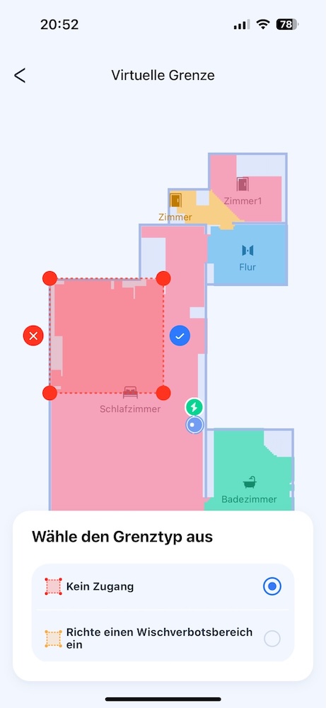 Ecovacs App Screenshot: Grundriss der Wohnung mit Sperrbereichen