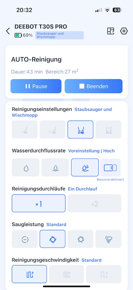 Ecovacs App Screenshot: Weitreichende Einstellungsmöglichkeiten