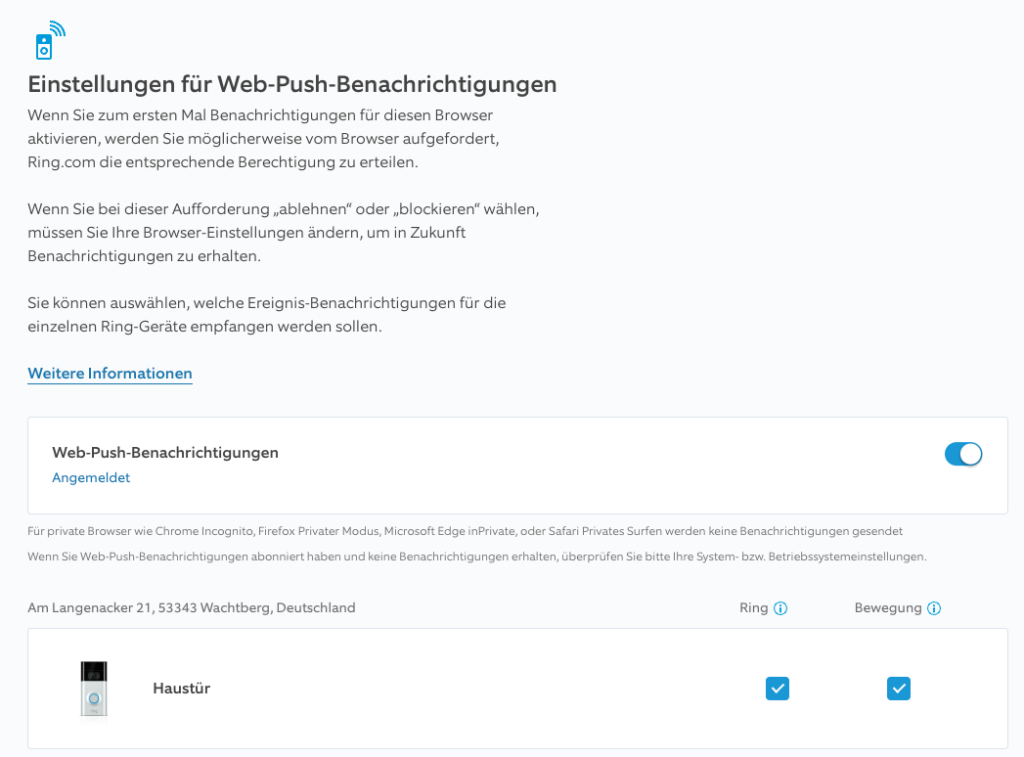 Screenshot: Web Push Notifications auf der Ring Website aktivieren