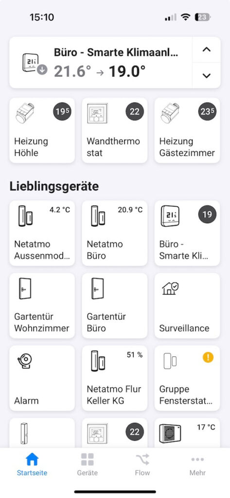 Screenshot der Homey-App: Dashboard-Ansicht
