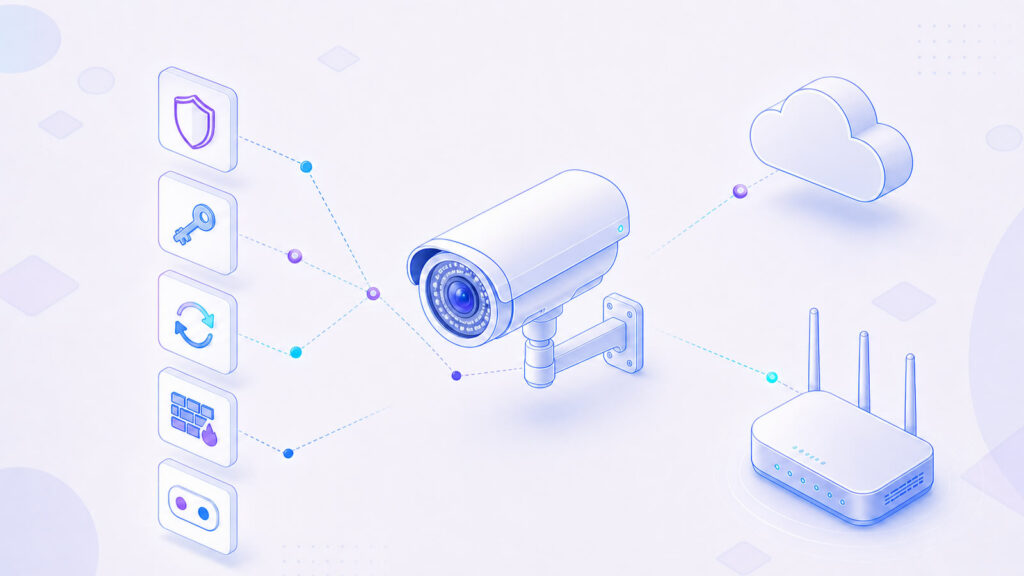 Überwachungskamera mit Schloss-Symbol als Sinnbild für eine gegen fremden Zugriff abgesicherte Smart-Home-Kamera