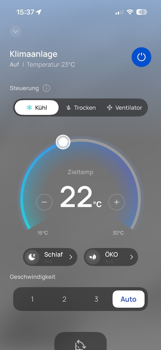 Dreo-App im Test: Steuerungsscreen der Dreo Mobile Klimaanlage 318S mit den Modi Kühl, Trocken und Ventilator und Zieltemperatur-Regler