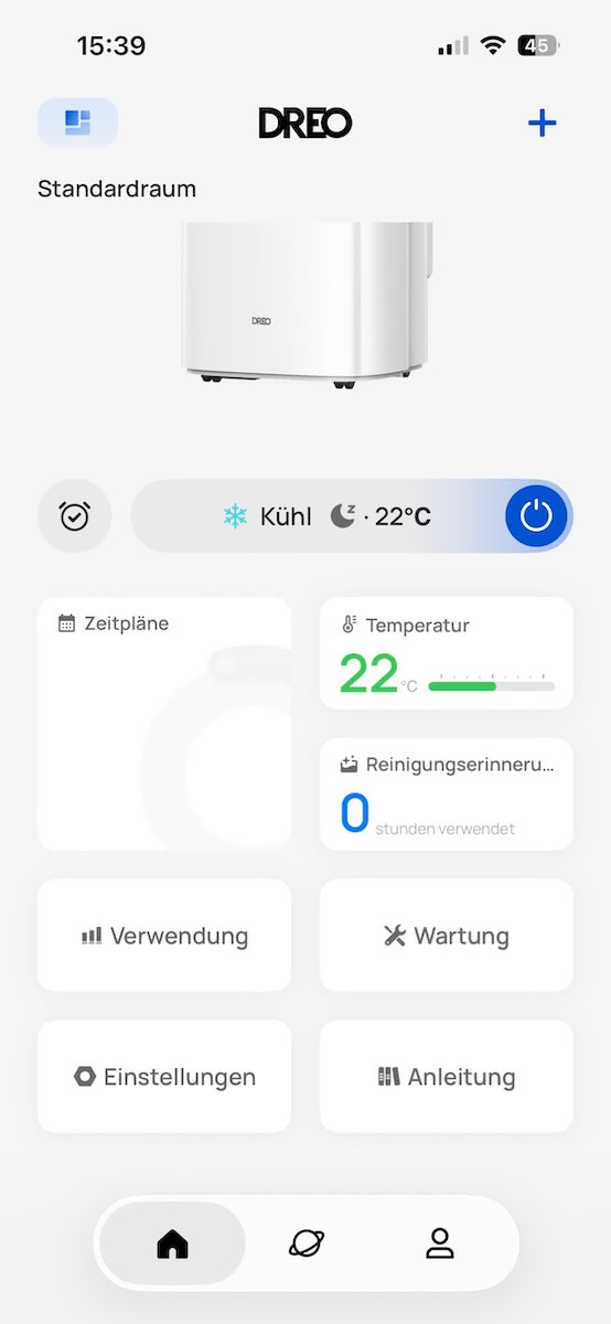 Dreo-App im Test: Startbildschirm der Dreo Mobile Klimaanlage 318S mit Kacheln für Zeitpläne, Temperatur, Wartung und Einstellungen
