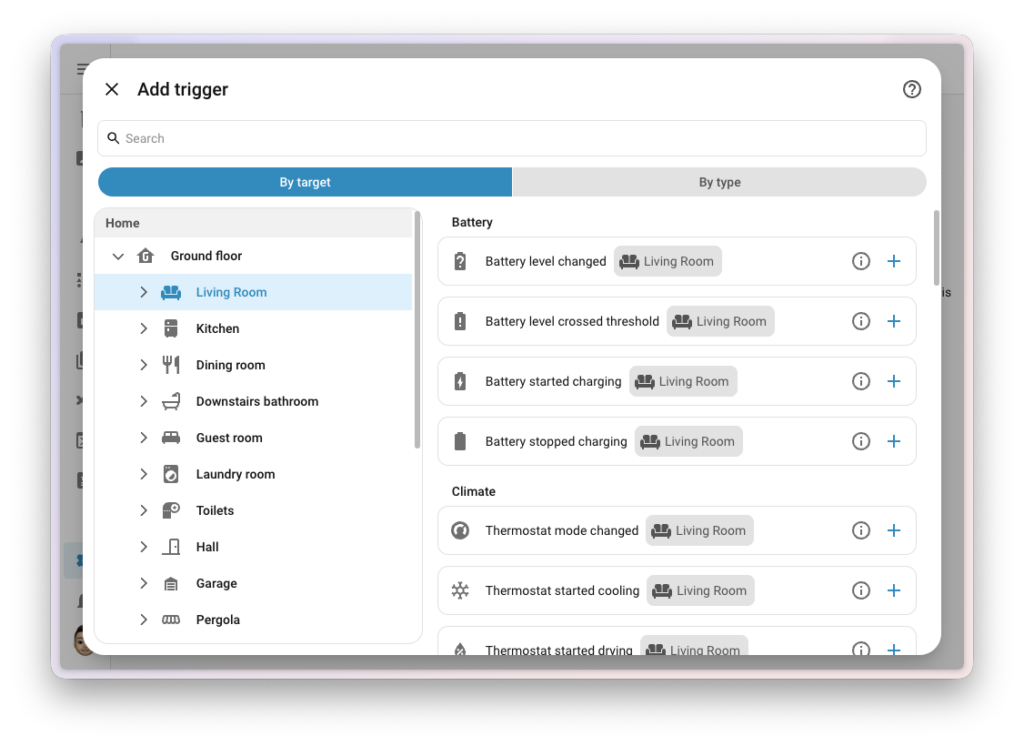Screenshot des Home-Assistant-Dialogs „Add trigger" im Automatisierungs-Editor: Links eine Bereichsauswahl mit „Living Room" als Ziel, rechts die passenden purpose-specific Trigger wie „Battery level crossed threshold" und „Thermostat started cooling"