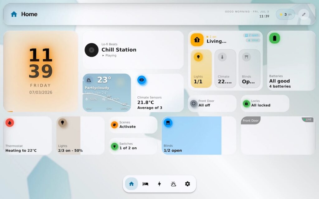 Screenshot: GlassHome dashboard, Midnight Glass theme