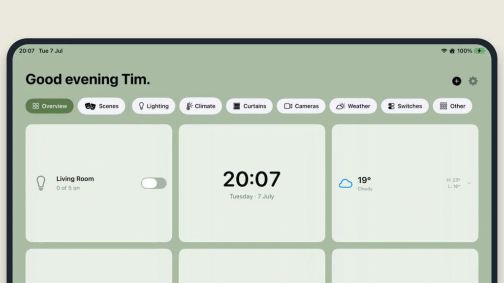 HomeView HomeKit-Dashboard auf einem iPad mit Widgets für Licht, Kameras und Wetter