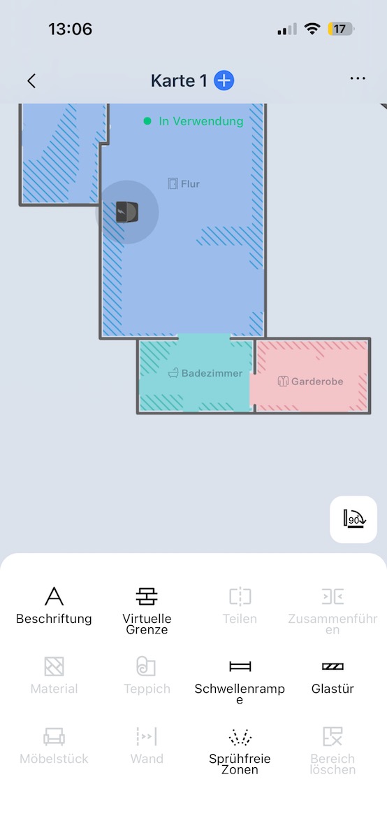 Kartenansicht der Ecovacs-App mit den Räumen Flur, Badezimmer und Garderobe sowie Werkzeugen für virtuelle Grenzen, Glastür und sprühfreie Zonen