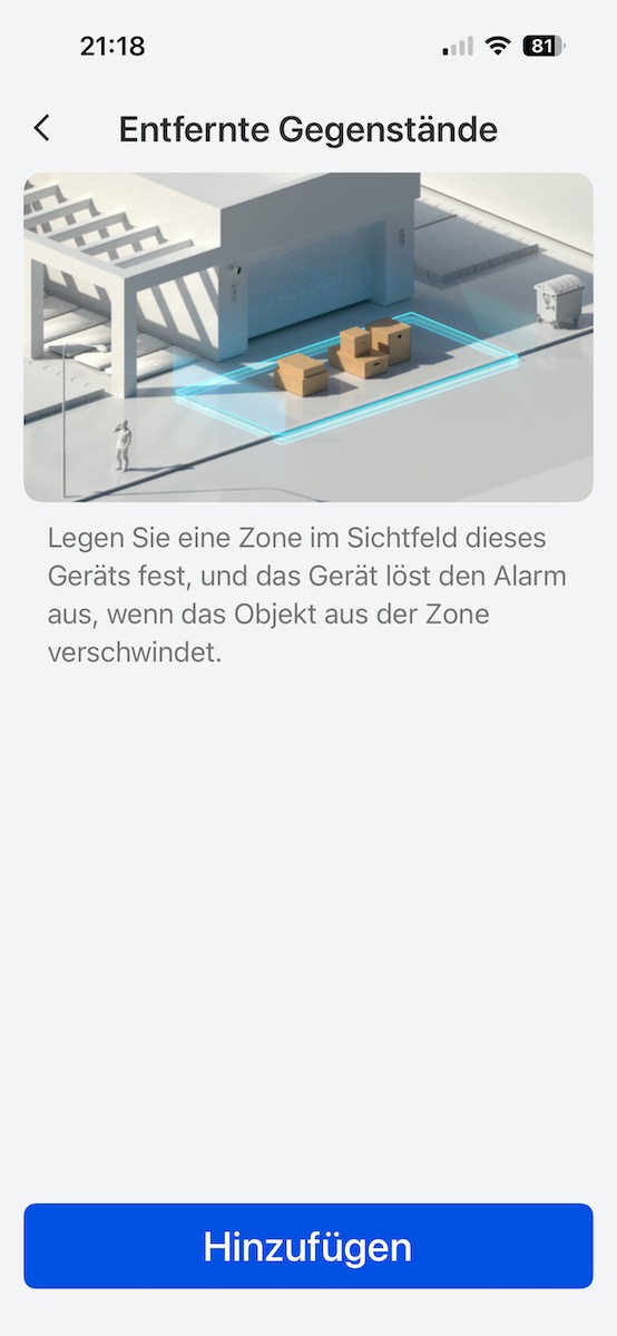 Reolink-App der OMVI 3i WiFi: Einrichtung der Beta-Funktion „Entfernte Gegenstände", die Alarm auslöst, sobald ein Objekt aus einer festgelegten Zone verschwindet.