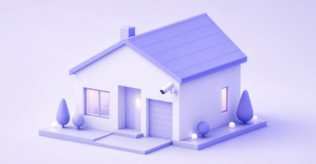 Auf dem Foto sehe ich eine stilisierte 3D-Illustration eines einstöckigen Hauses in einem monochromen Lila-/Violett-Farbschema. Das Bild wirkt wie eine Illustration für ein Thema rund um Smart Home, Hausüberwachung oder Sicherheitstechnik – die Kamera ist das zentrale, hervorgehobene Element der Szene.