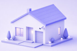 Auf dem Foto sehe ich eine stilisierte 3D-Illustration eines einstöckigen Hauses in einem monochromen Lila-/Violett-Farbschema. Das Bild wirkt wie eine Illustration für ein Thema rund um Smart Home, Hausüberwachung oder Sicherheitstechnik – die Kamera ist das zentrale, hervorgehobene Element der Szene.