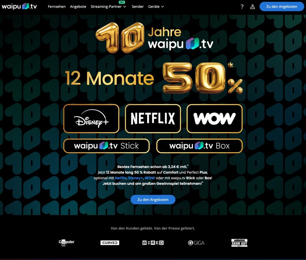 Screenshot: Waipu Jubiläumsaktion