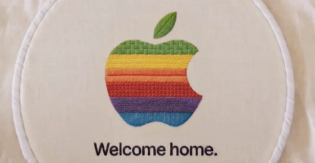 Apple „Welcome Home“: Am 13. Oktober kommt wohl der Home Hub Apple-Teaser „Welcome home“: Regenbogen-Apfel-Logo, auf einen Stickrahmen gestickt