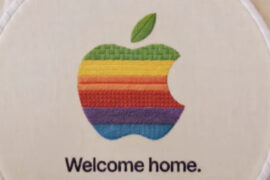Apple-Teaser „Welcome home“: Regenbogen-Apfel-Logo, auf einen Stickrahmen gestickt