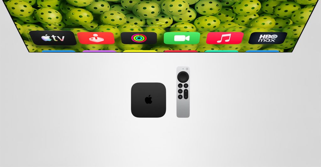 Foto des Apple TV 4K 2026 vor einem Fernseher