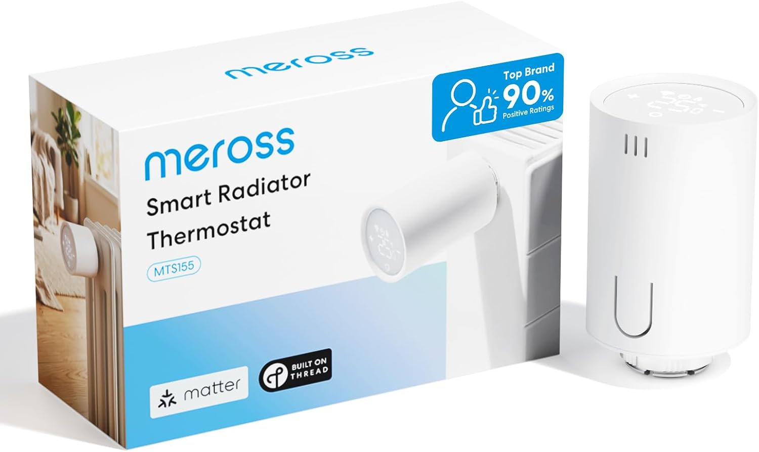 Meross MTS155 Smart Radiator Thermostat neben seiner Verpackung mit Matter- und Thread-Logo