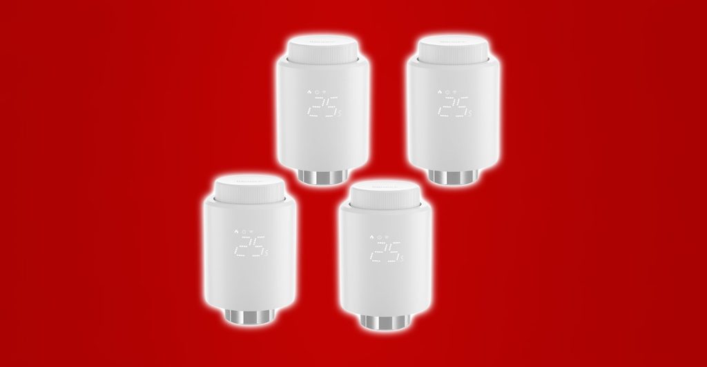 Angebote im Rahmen der Prime Deal Days 2026: 4 smarte Heizkörperthermostate auf einem roten Hintergrund.